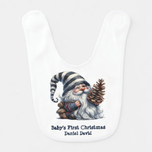 Baby's First Christmas Blue Gnome Pine Cone Baby Bib
