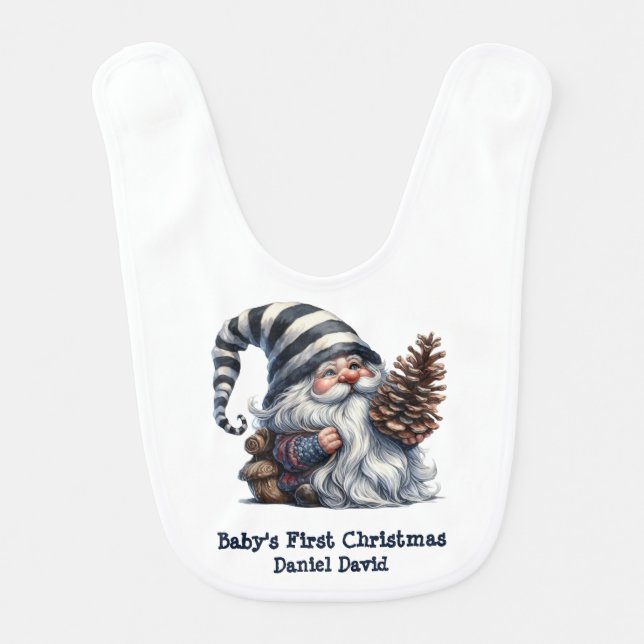 Baby's First Christmas Blue Gnome Pine Cone Baby Bib (Front)