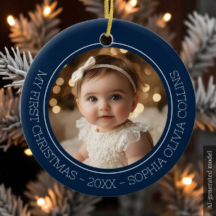 Baby's First Christmas Blue Modern 2 Photo Newborn Ceramic Ornament