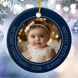 Baby's First Christmas Blue Modern 2 Photo Newborn Ceramic Ornament
