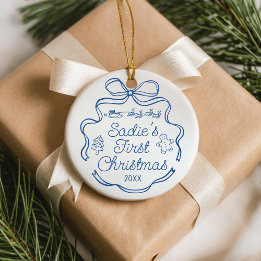 Babys First Christmas Blue Ribbon Whimsical Doodle Ceramic Ornament