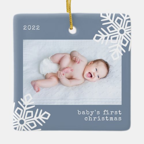  Babys First Christmas Blue Snowflake Photo Ceramic Ornament