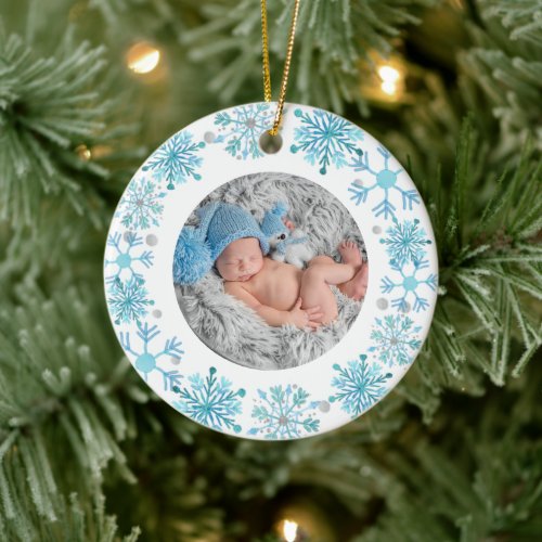 Babys First  Christmas Blue Snowflakes Border Ceramic Ornament
