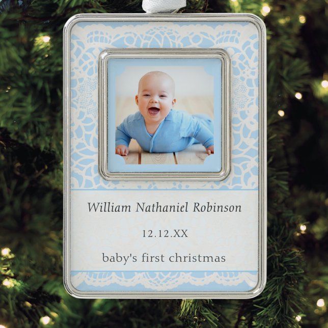 Baby's First Christmas Blue White Lace Photo Ornament (An ornament for Baby's First Christmas, with custom photo and text, in blue with white lace effect)