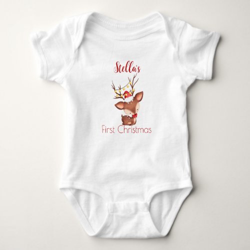 Babys first Christmas body suit with cute deer Baby Bodysuit