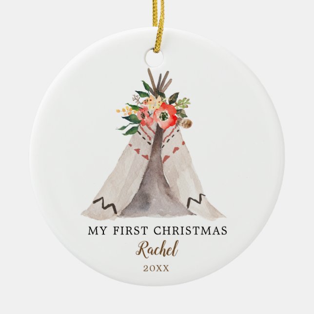 Baby's First Christmas Boho Teepee Girl Ornament (Front)