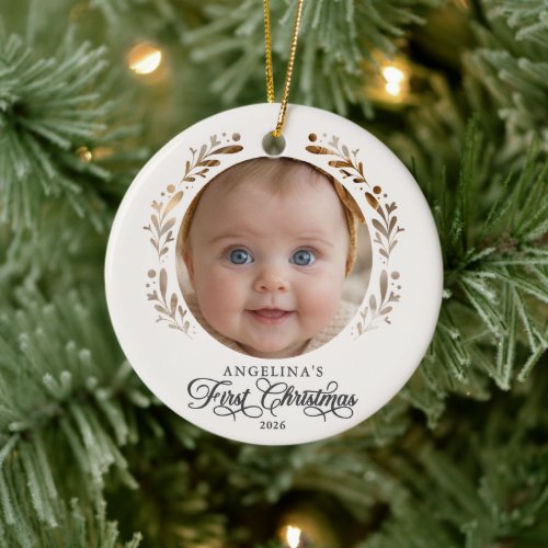 Baby's First Christmas Botanical Papercut Ceramic Ornament