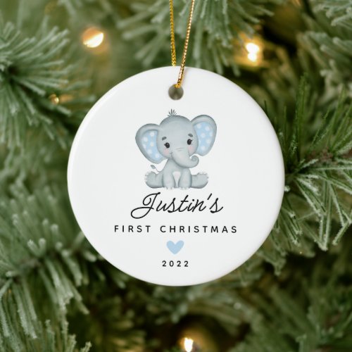 Babys First Christmas Boy Elephant 2 Sided Photo Ceramic Ornament