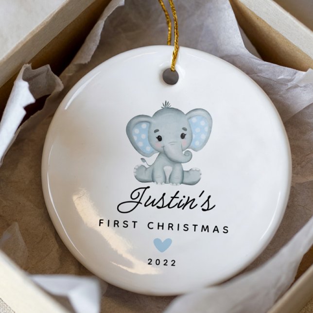 Baby's First Christmas Boy Elephant 2 Sided Photo Ceramic Ornament (Creator Uploaded)