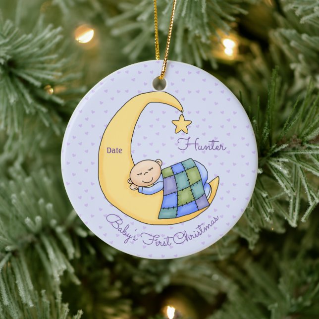 Baby's First Christmas - Boy - Sleeping on Moon Ceramic Ornament (Tree)