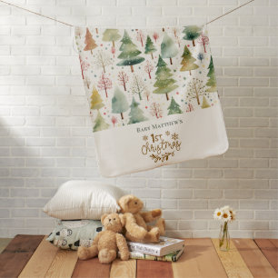 Baby's First Christmas Brown Green Forest Trees Baby Blanket