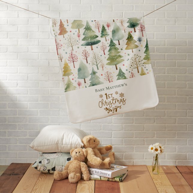 Baby's First Christmas Brown Green Forest Trees Baby Blanket (In Situ)
