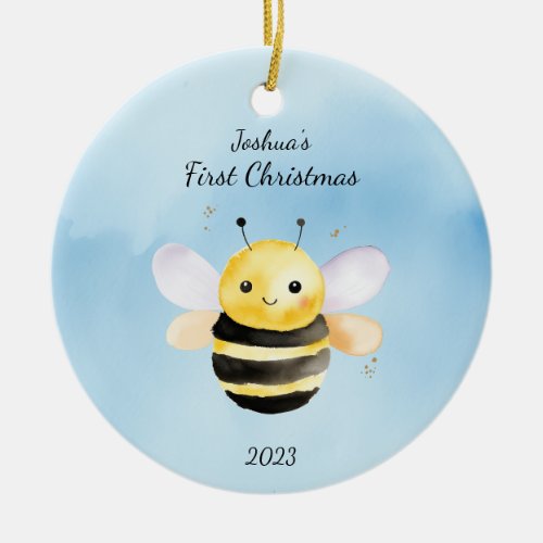 Babys First Christmas BumbleBee Blue Personalized Ceramic Ornament