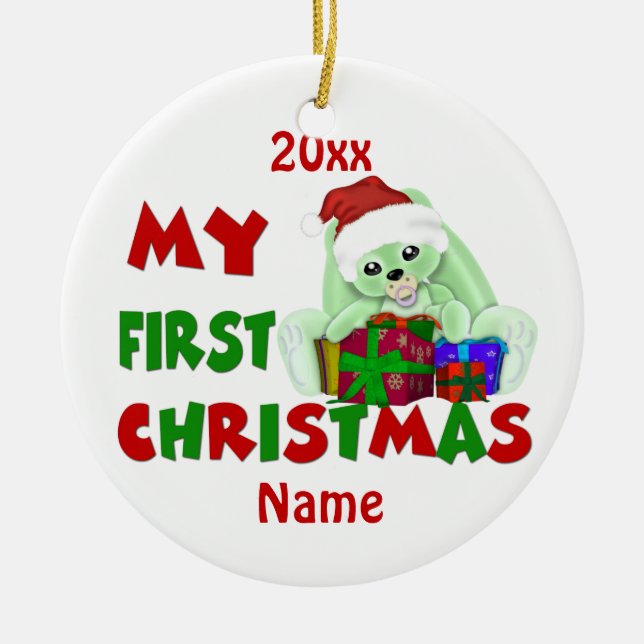 Babys First Christmas Bunny Personalized Ceramic Ornament (Front)