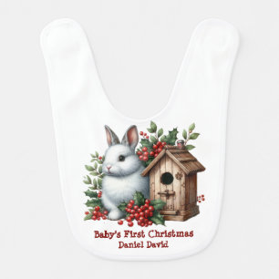 Baby's First Christmas Bunny Rabbit Bird House Baby Bib
