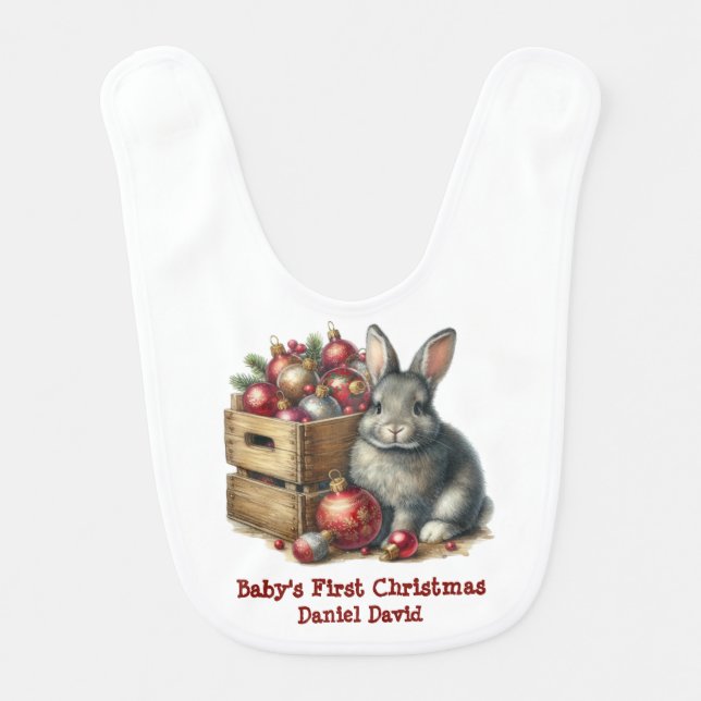 Baby's First Christmas Bunny Rabbit Red Ball Baby Bib (Front)