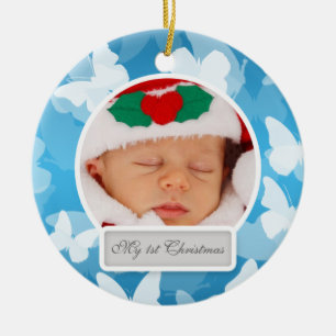 Baby's First Christmas Butterflies Blue Ceramic Ornament