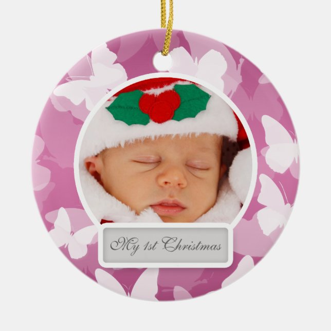 Baby's First Christmas Butterflies Pink Ceramic Ornament (Front)