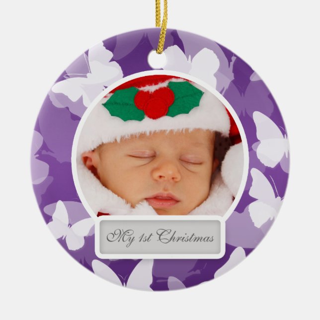 Baby's First Christmas Butterflies Purple Ceramic Ornament (Front)