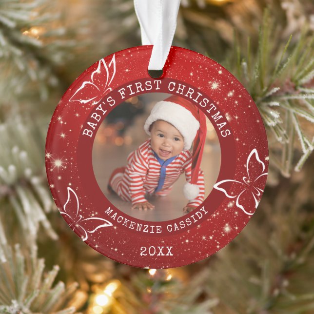 BABY'S FIRST CHRISTMAS Butterfly Photo Red Ornament (Tree)