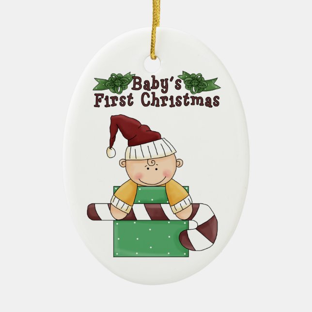 Baby's First Christmas Candy Cane Ceramic Ornament (Front)