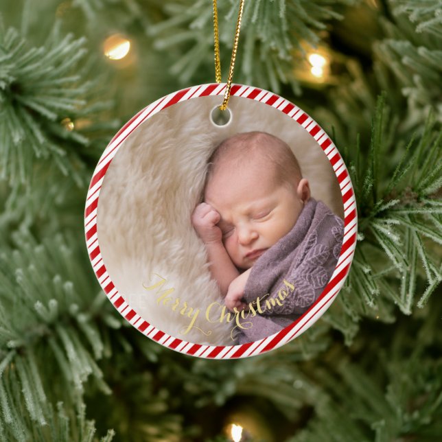 Baby's First Christmas Candy Cane Stripes Photo Ceramic Ornament (Tree)