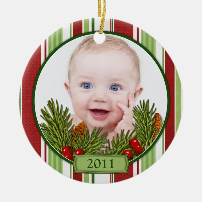 Baby's First Christmas Candy Stripes Ceramic Ornament (Front)