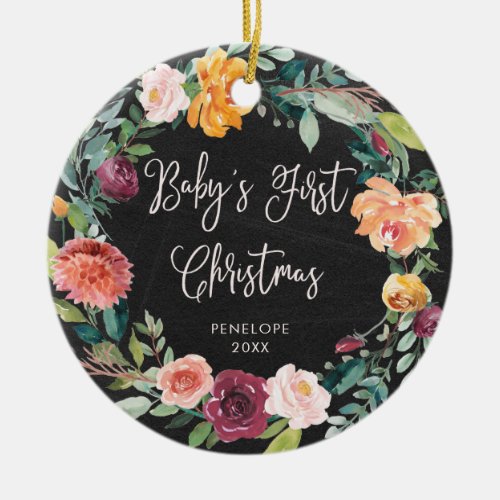 Babys First Christmas  Chalkboard Floral Photo Ceramic Ornament