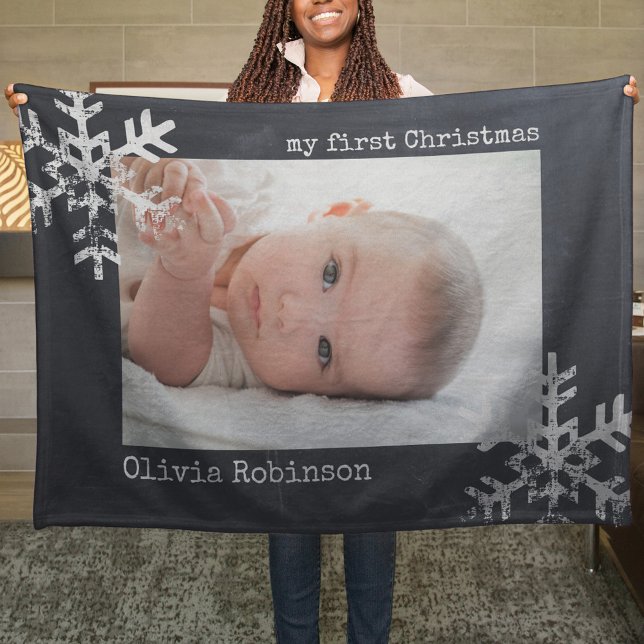 Baby's First Christmas Chalkboard Photo Snowflake Fleece Blanket (Snowflake Baby's 1st Christmas holiday keepsake photo ornament perfect to bring joy to others.)