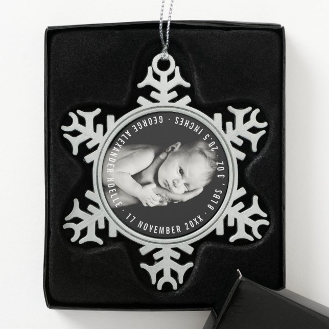 Baby's First Christmas Circle Typography Photo Snowflake Pewter Christmas Ornament (Box)