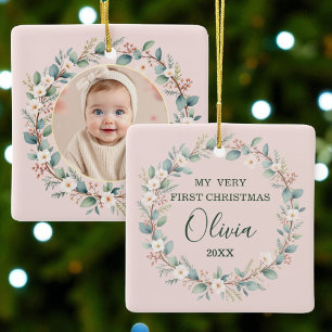 Baby's First Christmas Classic Floral Frame Pink  Ceramic Ornament