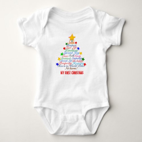 Babys First Christmas Colorful Tree Stars  Baby Bodysuit