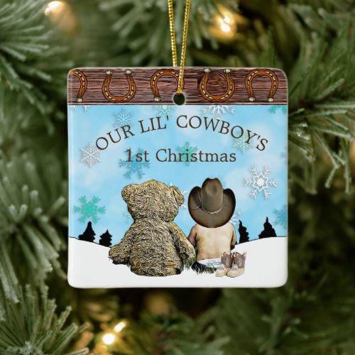 Babys First Christmas Cowboy and Teddy Bear Ceramic Ornament