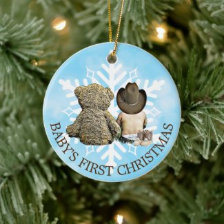 Baby's First Christmas Cowboy and Teddy Bear Ceramic Ornament