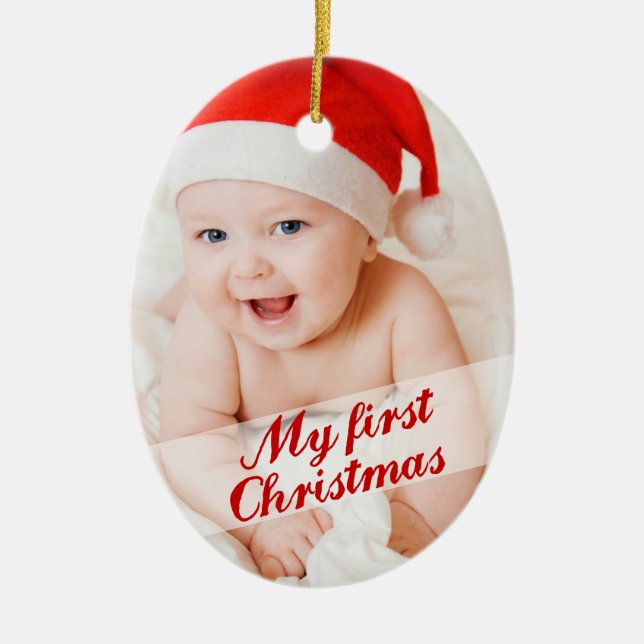 Baby's First Christmas Cursive Holiday Photo Ceramic Ornament (Front)