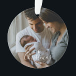Baby's First Christmas Custom 2-photo White Script Ornament<br><div class="desc">Minimalist and beautiful,  this custom 2-photo ornament celebrates baby's first Christmas. Features a modern script font and a white Christmas Tree. Text is all customizable.</div>