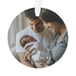 Baby's First Christmas Custom 2-photo White Script Ornament