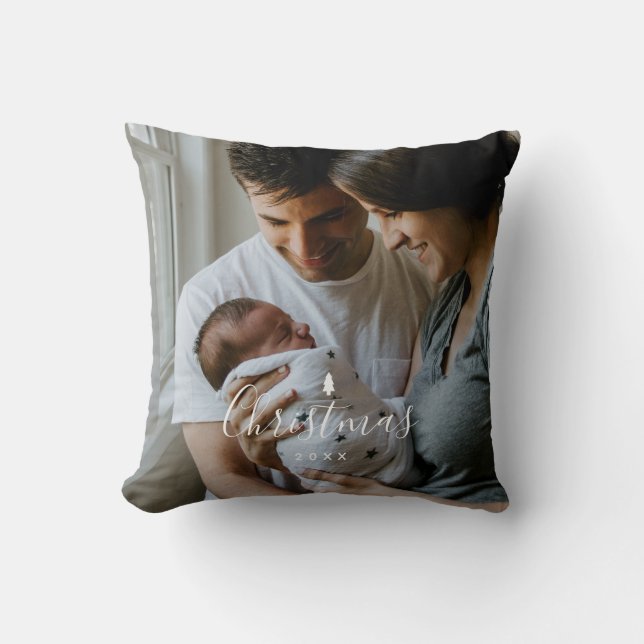 Baby's First Christmas Custom 2-photo White Script Throw Pillow (Front)