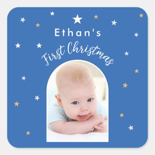 Baby's First Christmas Custom Arch Photo Blue Square Sticker
