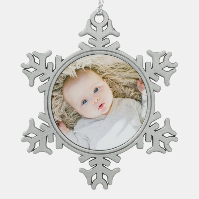 Baby's First Christmas Custom Family Photo Snowflake Pewter Christmas Ornament (Front)