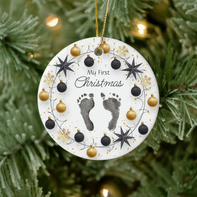 Baby's First Christmas Custom Foot Prints Gold Ceramic Ornament (Tree)