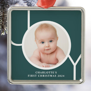 Baby's First Christmas Custom Green Photo Metal Ornament