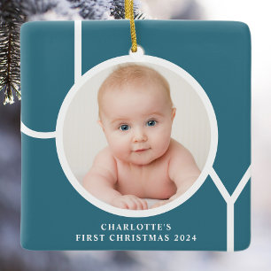 Baby's First Christmas Custom Keepsake Photo Teal Ceramic Ornament