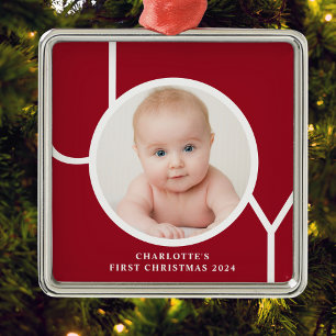 Baby's First Christmas Custom Keepsake Red Photo  Metal Ornament