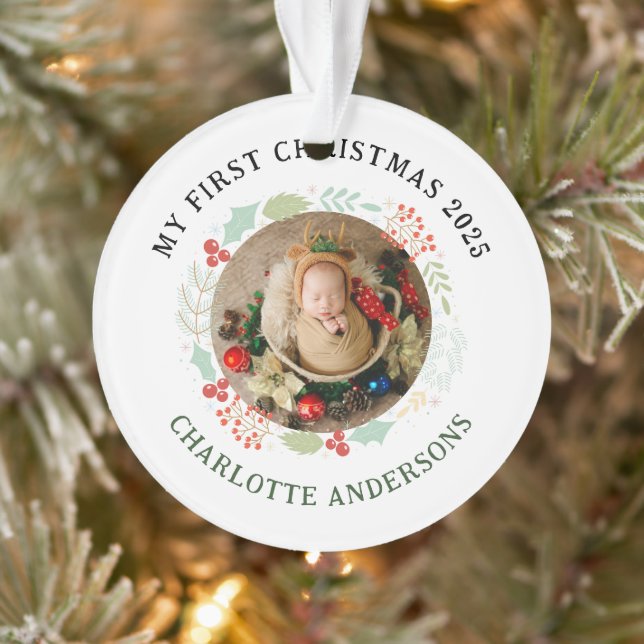Baby's First Christmas Custom Name 2 Photo Ornament (Tree)