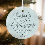Baby's First Christmas Custom Name Blue Keepsake Glass Ornament<br><div class="desc">Special keepsake ornament to commemorate baby's first Christmas. Design features a simple minimal design with "Baby's First Christmas" displayed in elegant script and serif text pairing. Personalize with the baby's name and the year. A simple white border and background color can easily be changed by clicking on details and editing...</div>