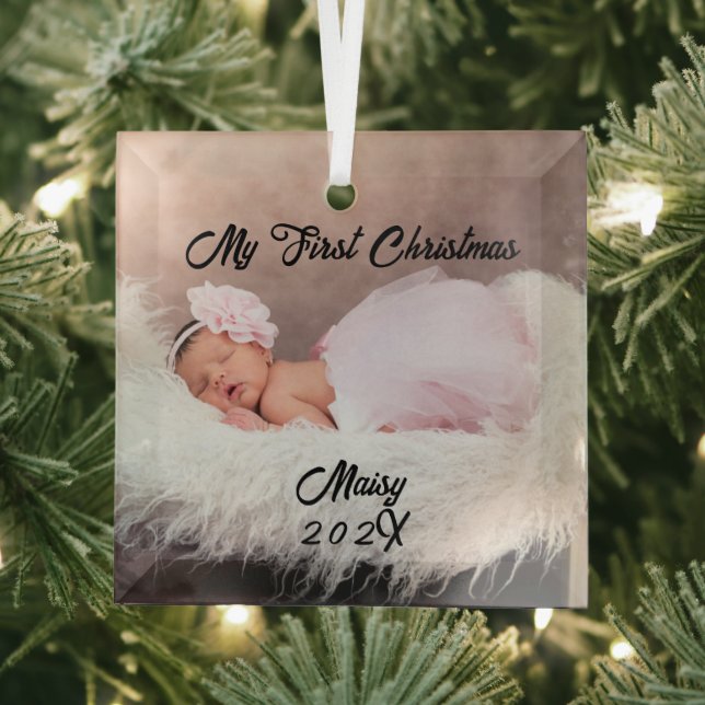 Baby's First Christmas Custom Name Keepsake Photo Glass Ornament (Insitu)