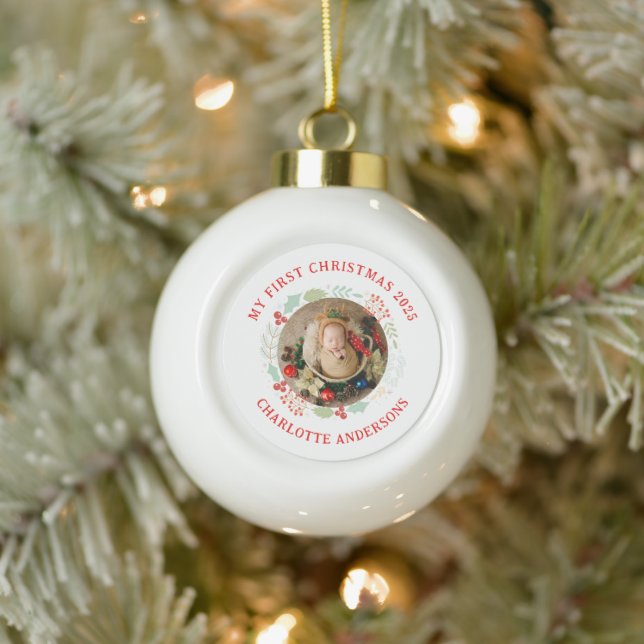 Baby's First Christmas Custom Name Photo Ceramic Ball Christmas Ornament (Tree)
