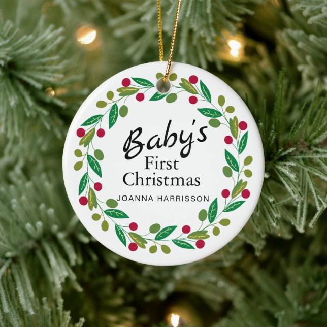 Baby's First Christmas Custom Name Photo Ceramic Ornament (Tree)