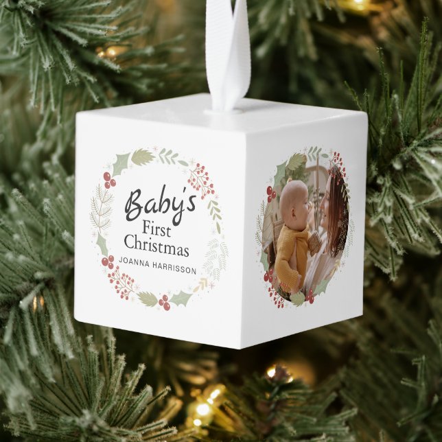 Baby's First Christmas Custom Name Photo  Cube Ornament (Tree)